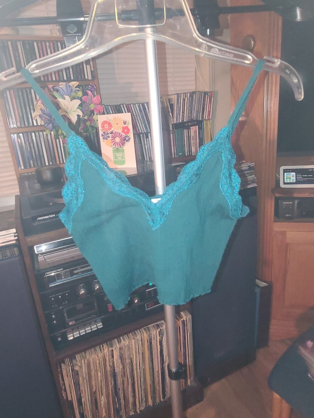 ✨ Forever 21 Dark Teal Green Ribbed Lace-Trim Cropped Camisole Top S
